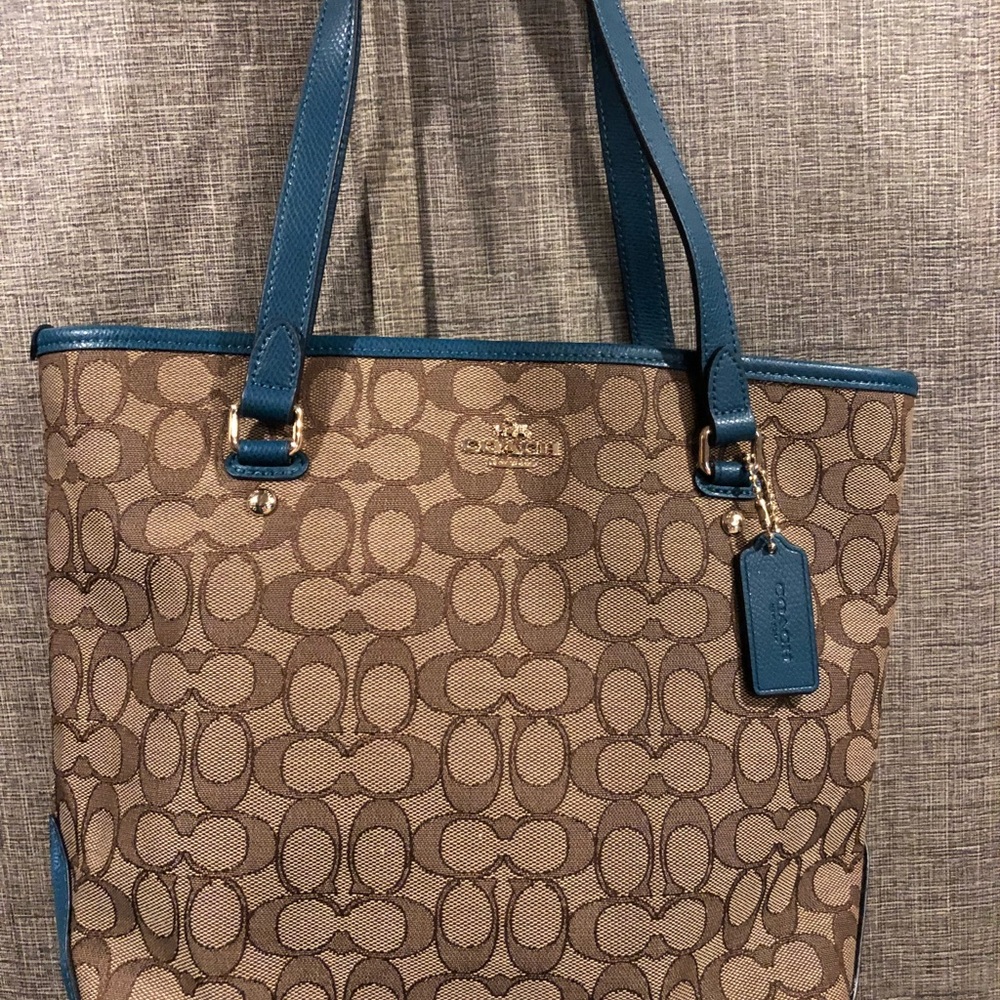 Coach Signature and Teal Blue Zip Top Tote